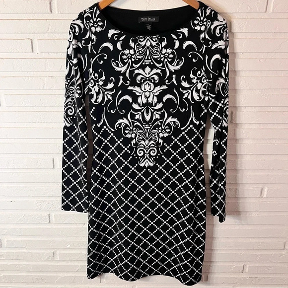 White House Black Market White and Black Scroll Pattern Jersey Dress, Size XS - Picture 1 of 8